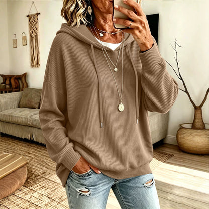 Women's solid color drawstring hooded knitted sweater with pocket, loose fit, large size casual outer top