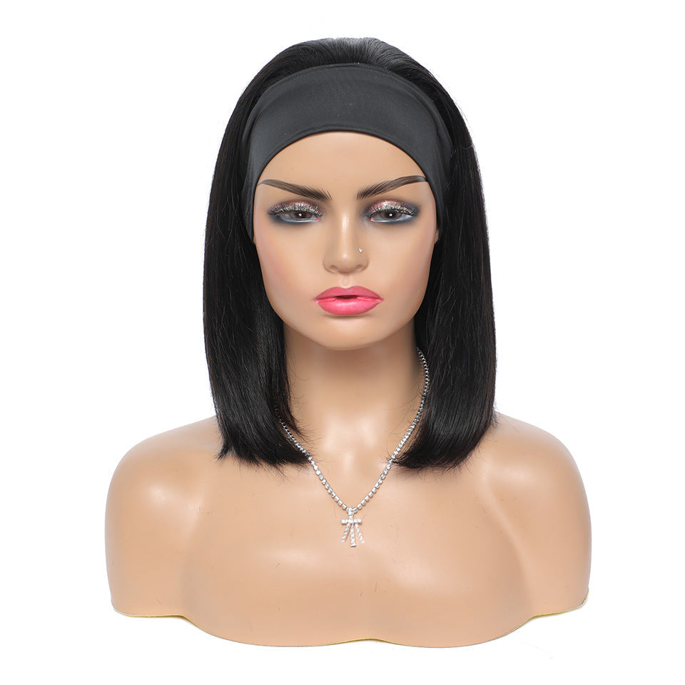 Straight human hair bob headband wig with sleek, natural-looking strands