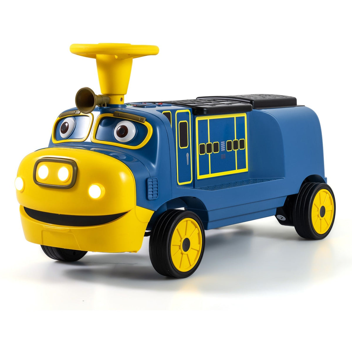 Two-seater 12V kids ride-on train by GBruno Store with adjustable seat and built-in music for children to enjoy.