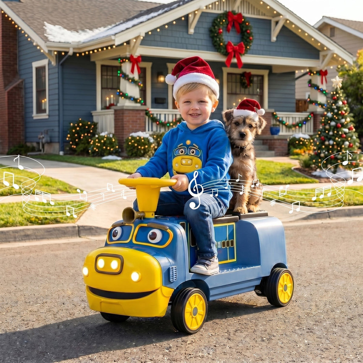 Two-seater 12V kids ride-on train with adjustable seat and built-in music, designed for children’s outdoor play.