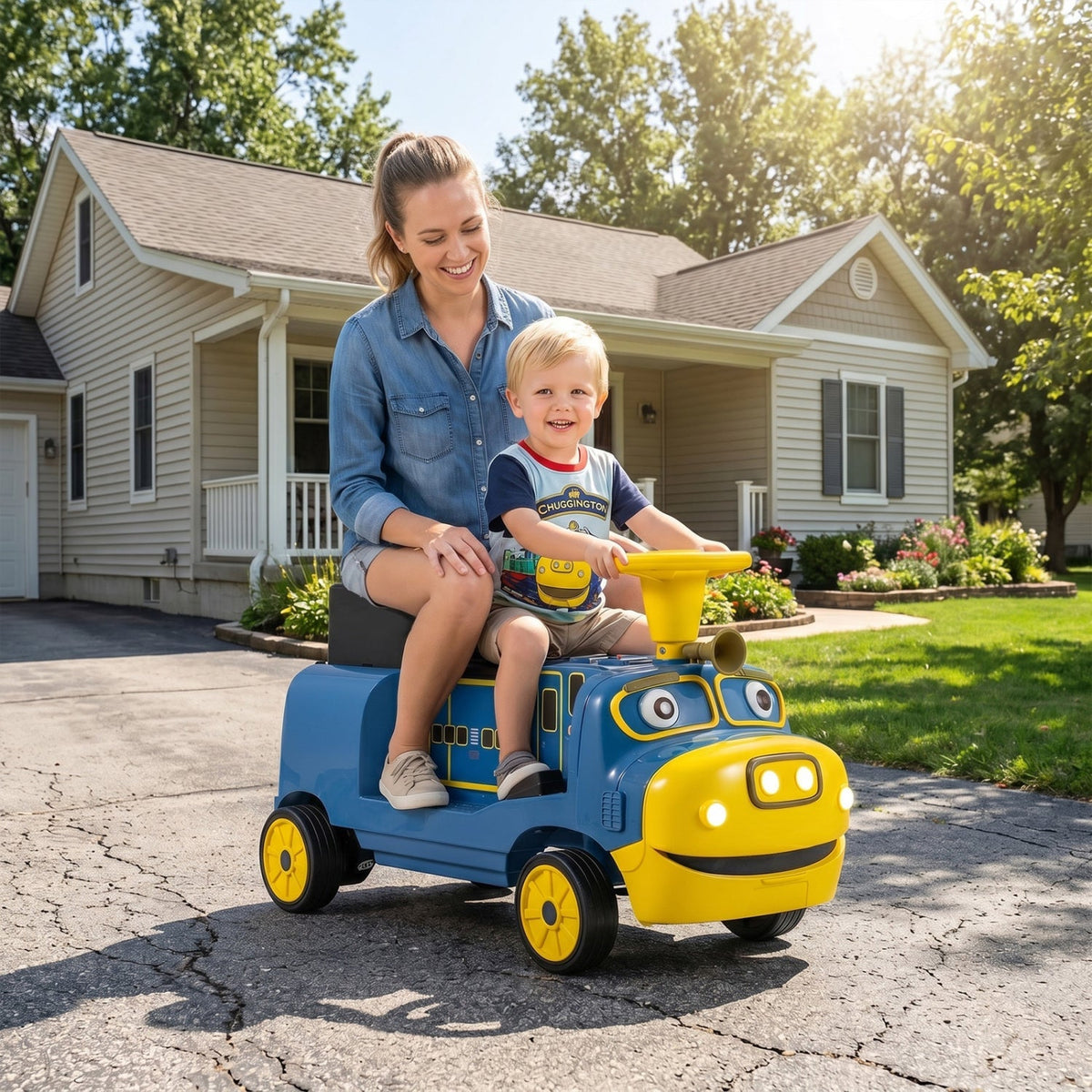 Two-seater 12V kids ride-on train by GBruno Store with adjustable seat and built-in music for young children.