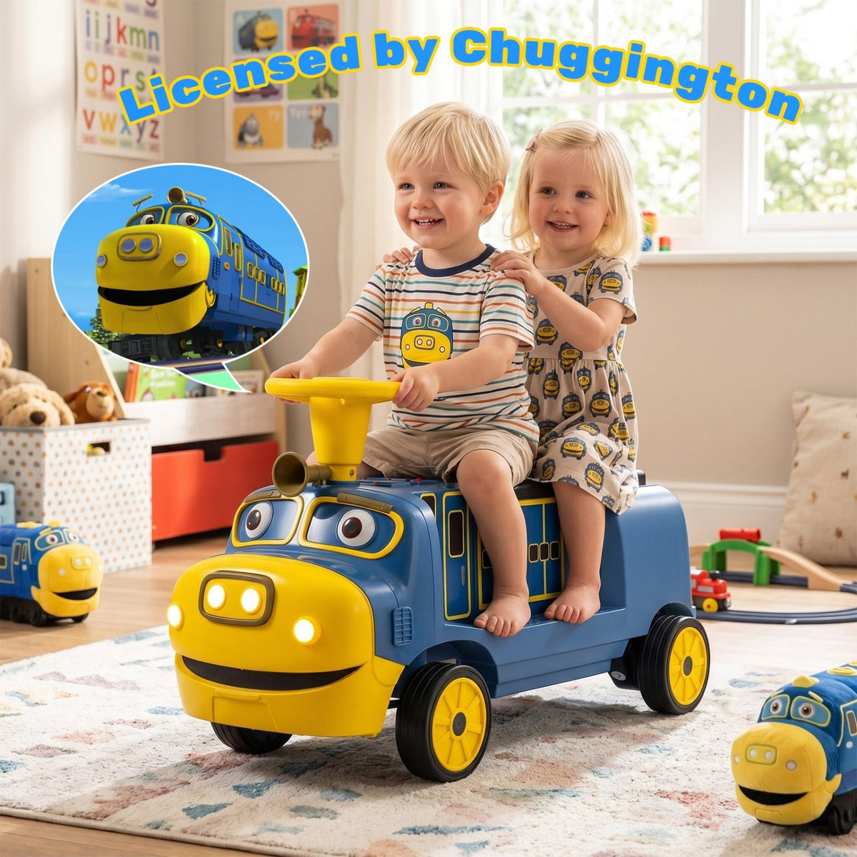 Two-seater 12V kids ride-on train with adjustable seat and built-in music, designed for children’s outdoor play.