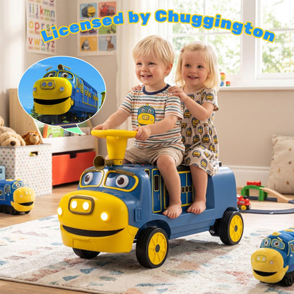 Two-seater 12V kids ride-on train with adjustable seat and built-in music, designed for children’s outdoor play.