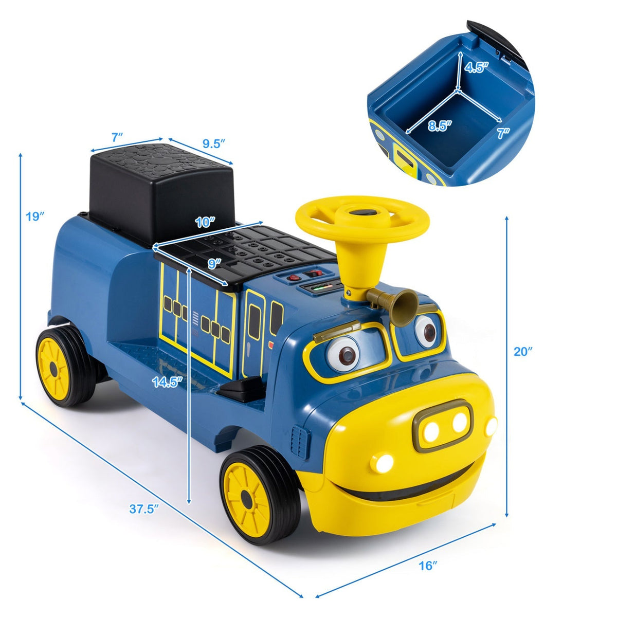 12V kids ride-on train with two seats, adjustable seat, and built-in music for children to enjoy outdoor play.