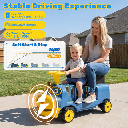 12V kids ride-on train with two seats, adjustable seat, and music feature, designed for outdoor play and fun.