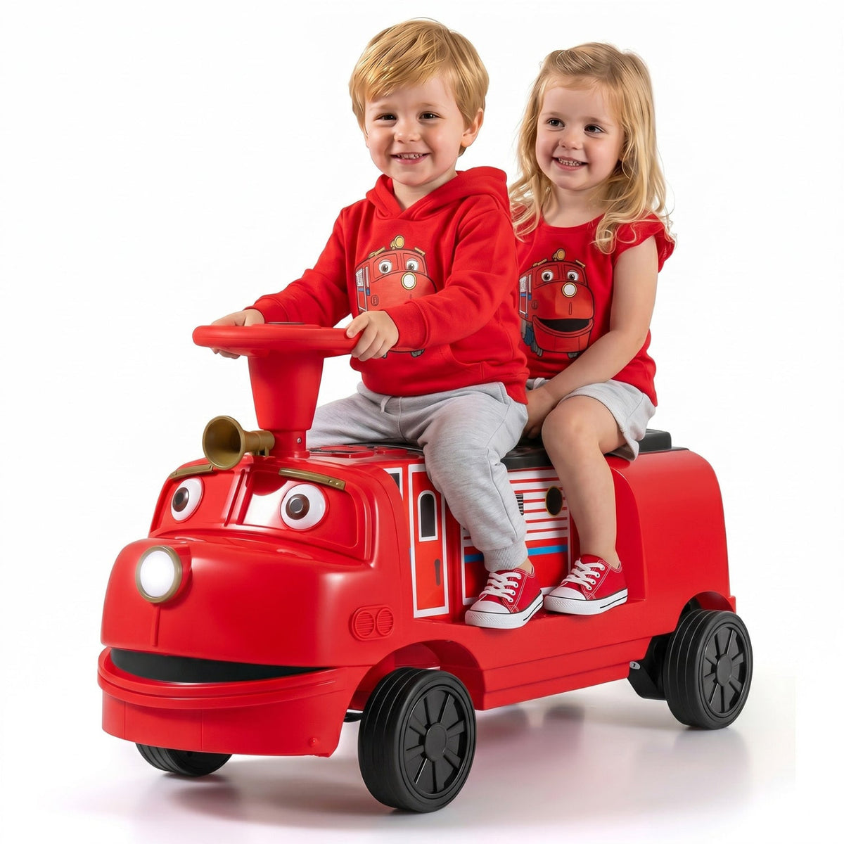 12V kids ride-on train with adjustable seat and music, two-seater toy for children, in bright colors and realistic train design