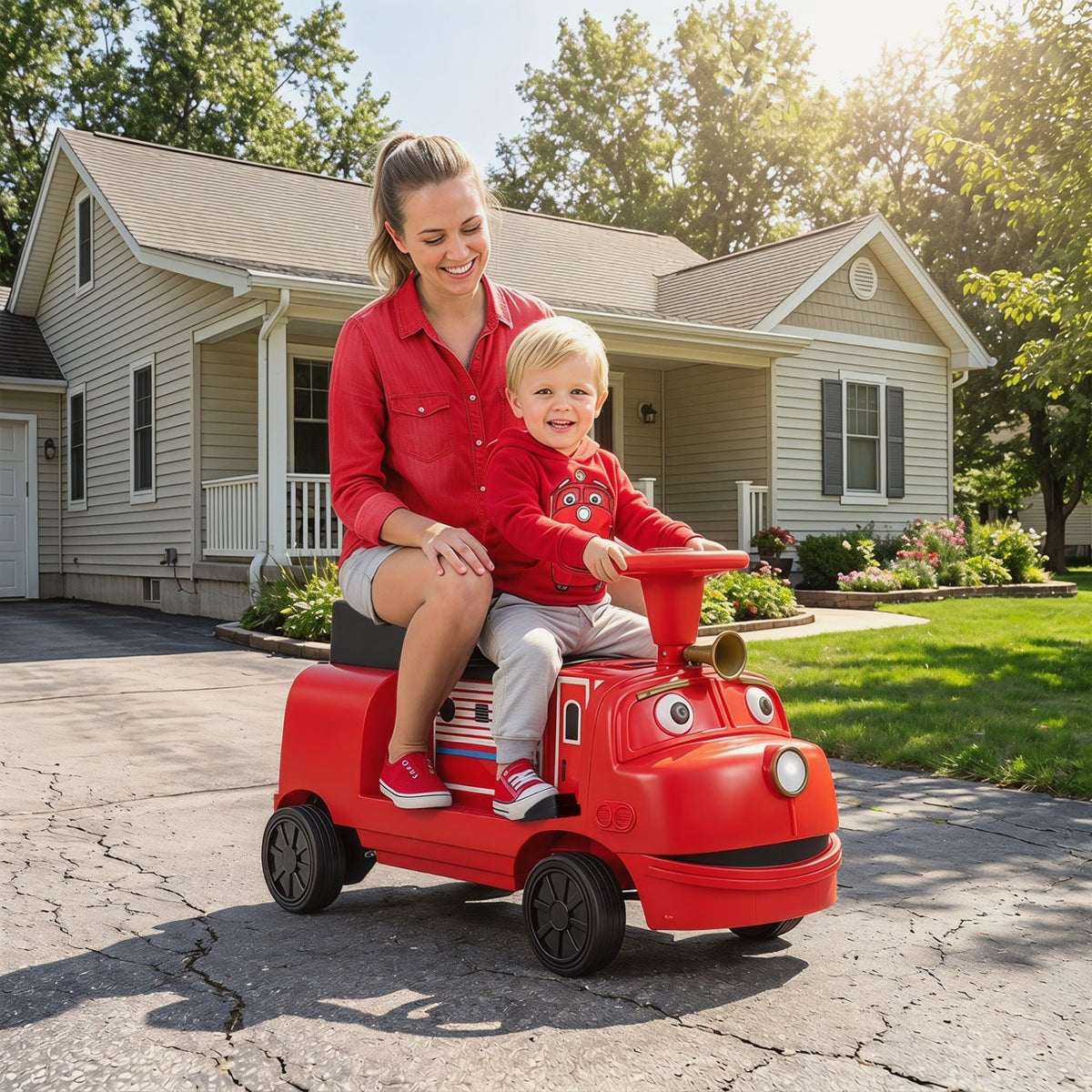 12V kids ride-on train with adjustable seat and music, featuring a two-seater design and realistic train details.