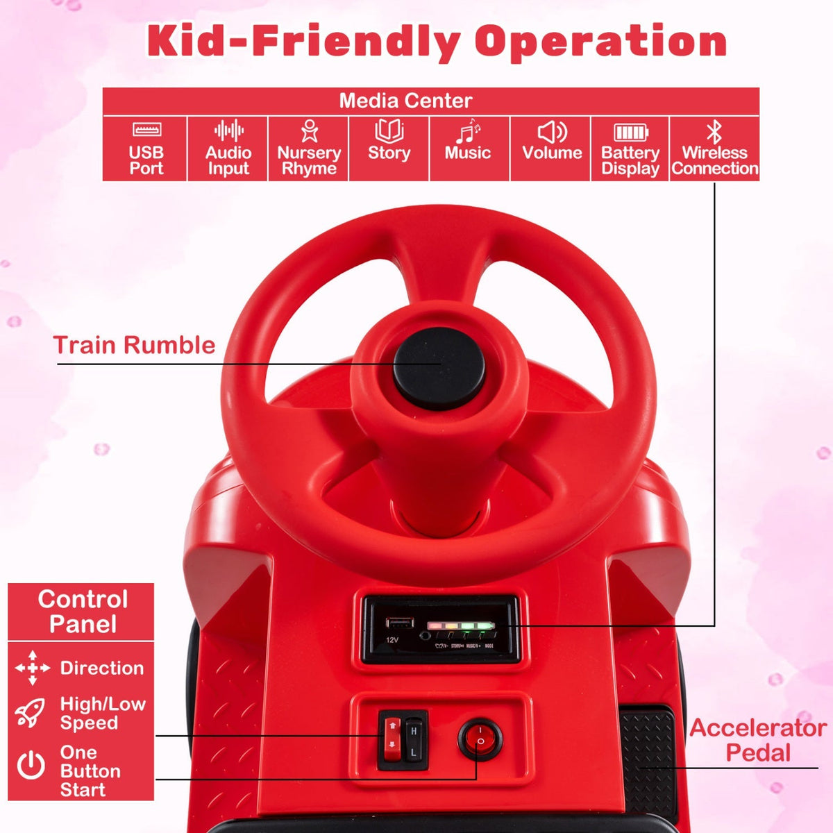 12V kids ride-on train by GBruno Store with two seats, adjustable seat, and built-in music for children to enjoy playing.