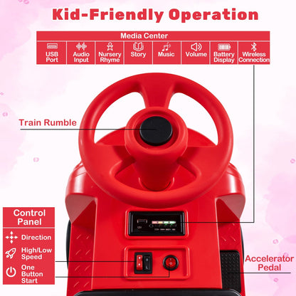 12V kids ride-on train by GBruno Store with two seats, adjustable seat, and built-in music for children to enjoy playing.