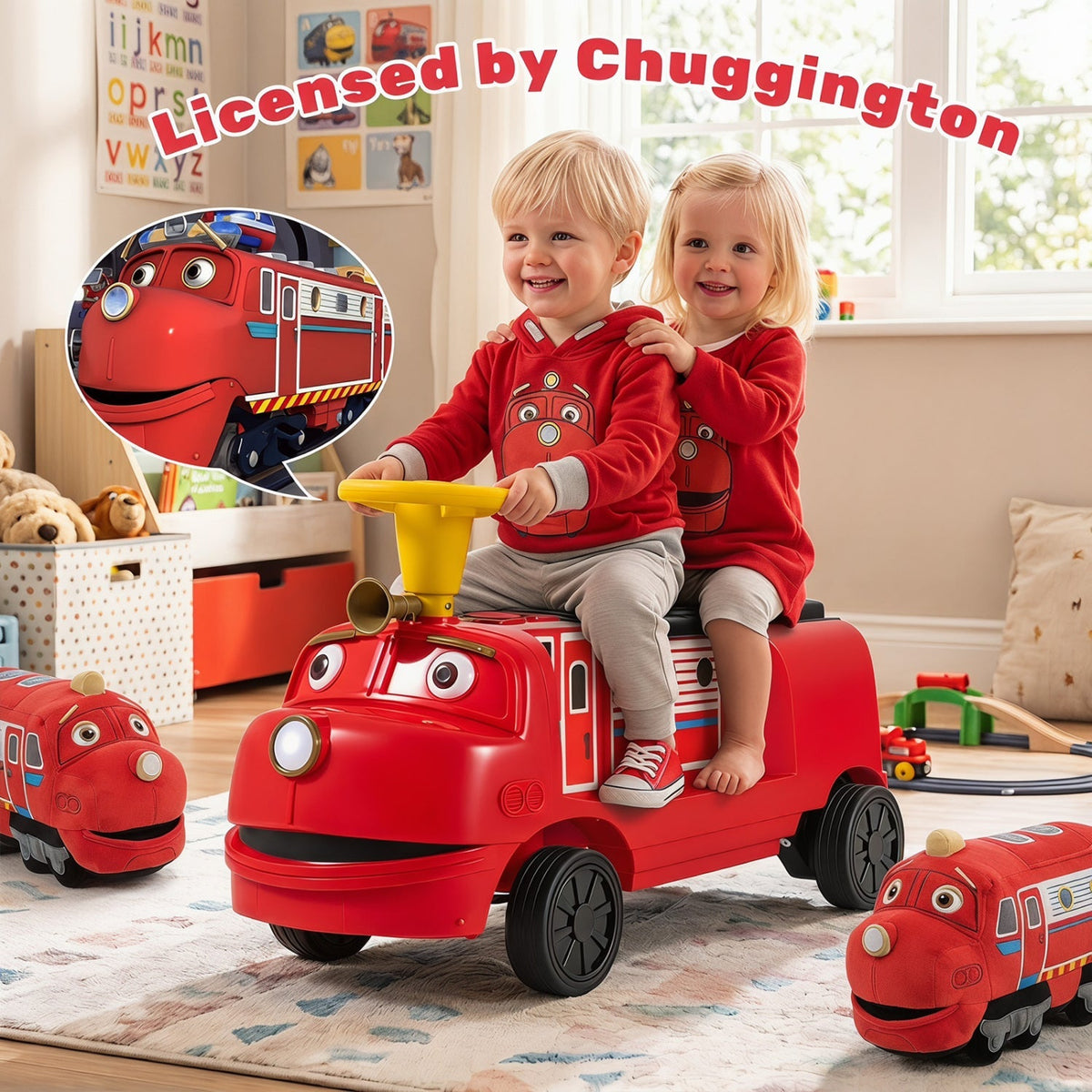 12V kids ride-on train with two seats, adjustable seat, and musical features, designed for children’s outdoor play.
