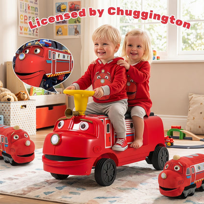 12V kids ride-on train with two seats, adjustable seat, and musical features, designed for children’s outdoor play.