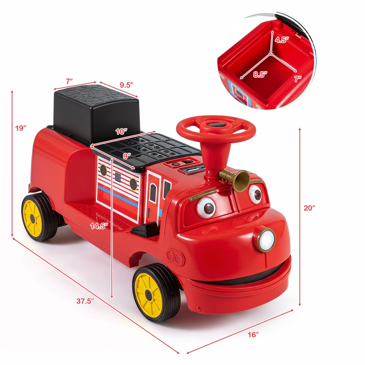 12V kids ride-on train by GBruno Store with two seats, adjustable seat, and music feature for children’s outdoor play.