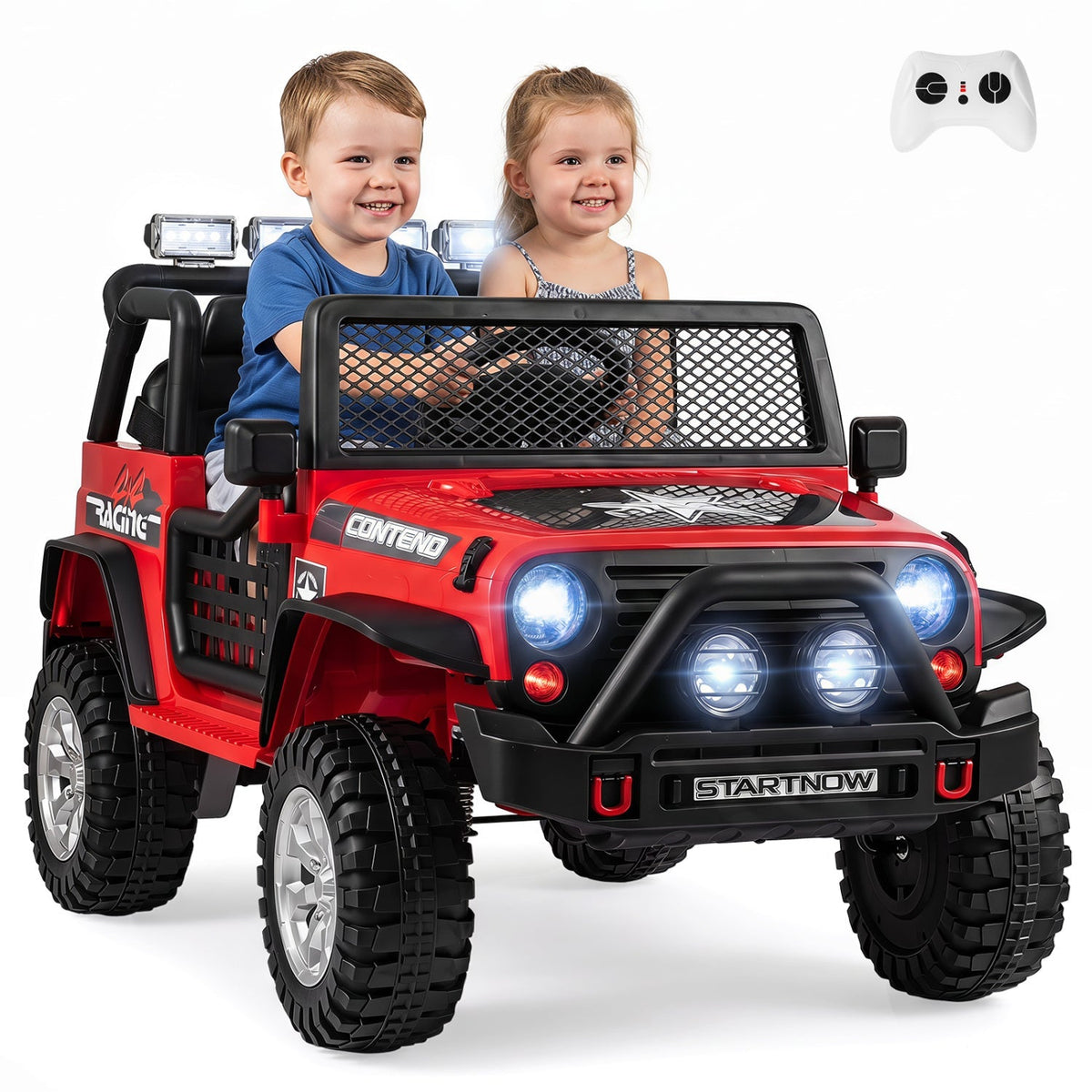 Two-seater 12V electric kids ride-on car with remote control by GBruno Store, featuring realistic design and safety features.