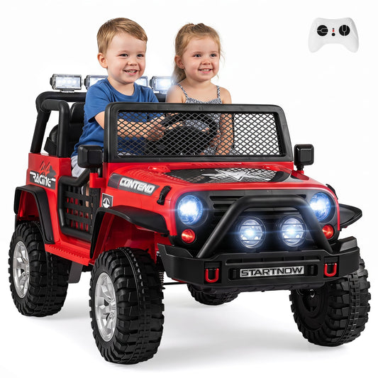 Two-seater 12V electric kids ride-on car with remote control by GBruno Store, featuring realistic design and safety features.