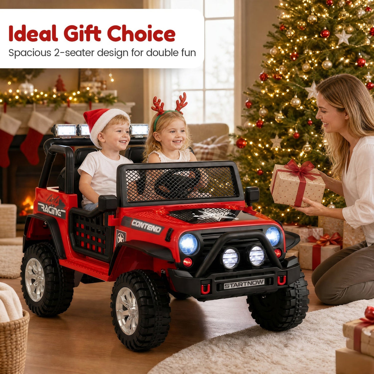 Two-seater 12V electric kids ride-on car with remote control, perfect for children to enjoy outdoor play and adventure.