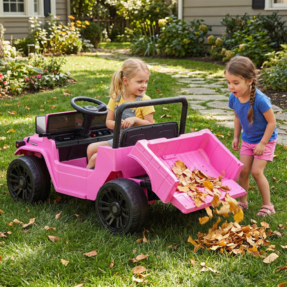 12V electric ride-on truck with dump bed and remote control, designed for children, in a vibrant toy vehicle with detailed features.