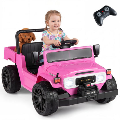 12V electric ride-on truck with dump bed and remote control, designed for kids, featuring realistic details and sturdy construction.