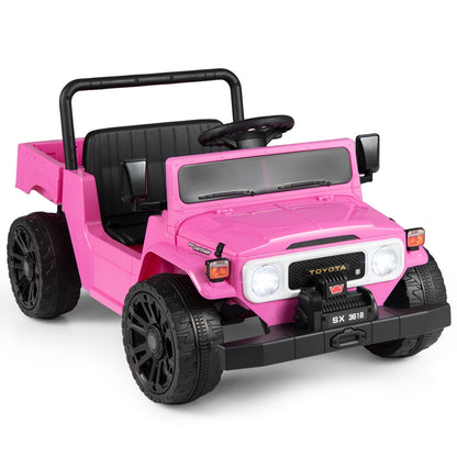 12V electric ride-on truck with dump bed and remote control, featuring realistic design and sturdy wheels for kids' outdoor play.