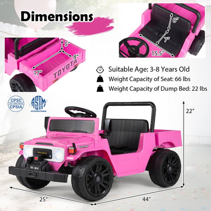 12V electric ride-on truck by GBruno Store with dump bed and remote control, shown with realistic design and sturdy wheels.