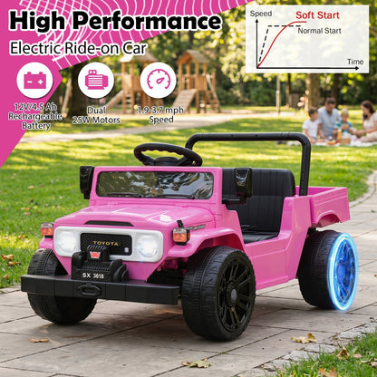 12V electric ride-on truck with dump bed and remote control by GBruno Store, showing a toy vehicle for kids.