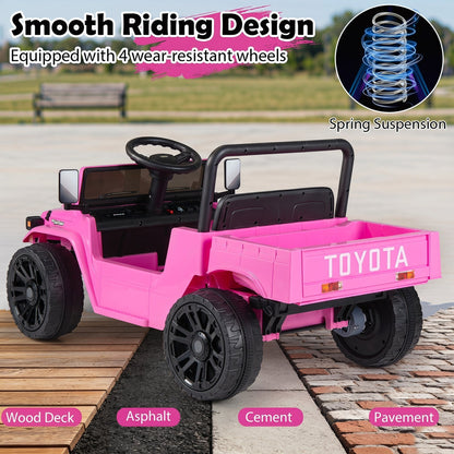 12V electric ride-on truck with dump bed and remote control, GBruno Store toy for kids, showing the vehicle's front and dump feature.