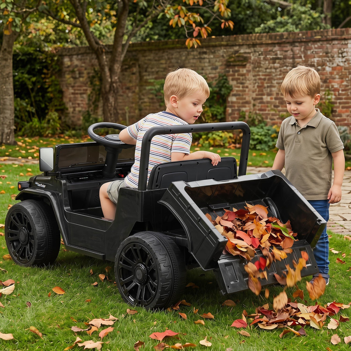 12V electric ride-on truck by GBruno Store with dump bed and remote control, featuring realistic design and sturdy wheels.