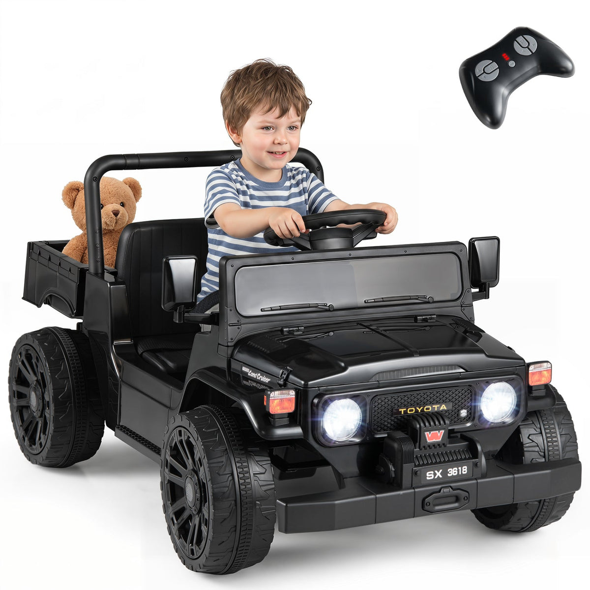 12V electric ride-on truck with dump bed and remote control, designed for kids, featuring realistic details and sturdy construction.