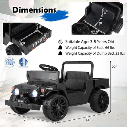 12V electric ride-on truck with dump bed and remote control, designed for kids, in red with realistic truck features.