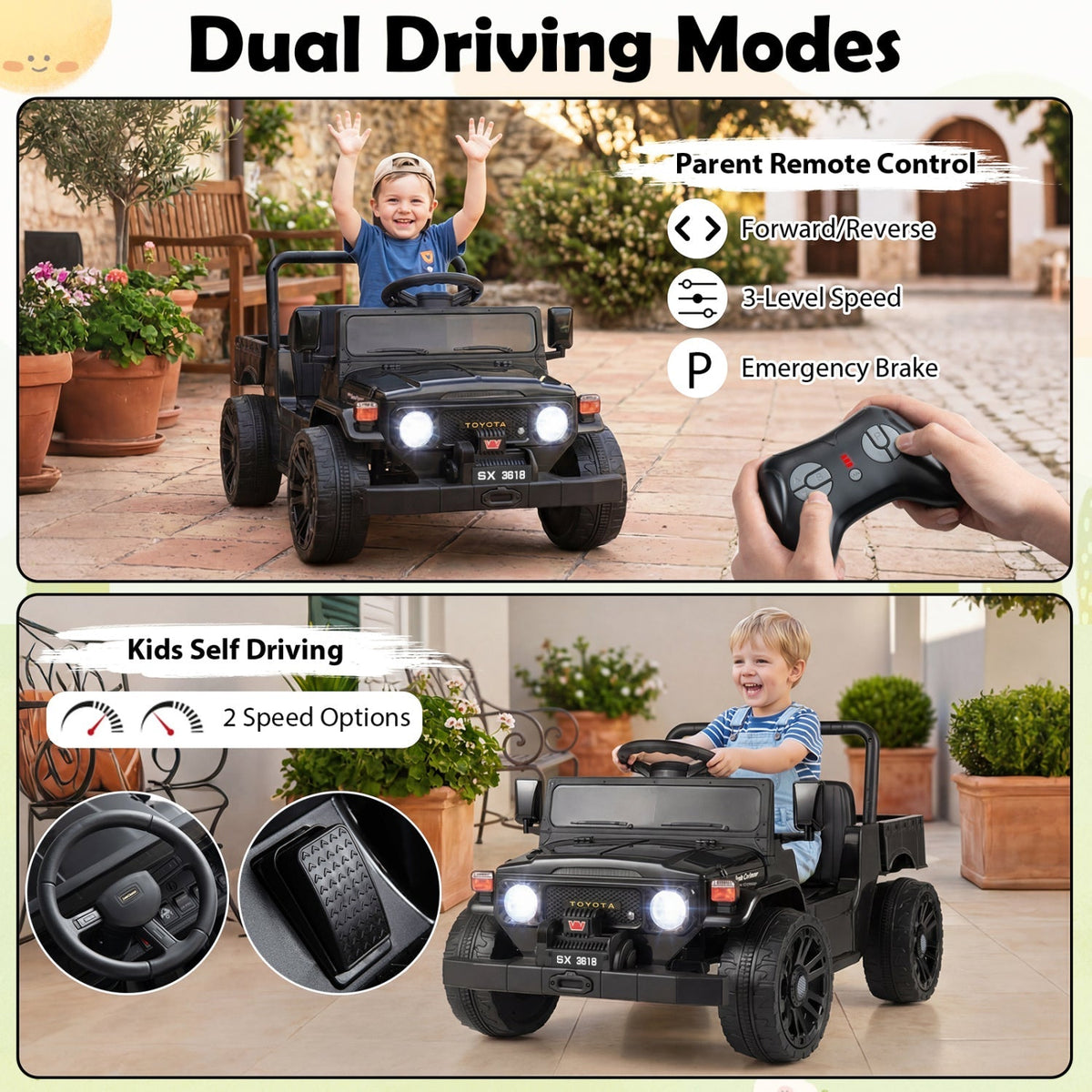 12V electric ride-on truck with dump bed and remote control, toy vehicle for kids, featuring sturdy design and realistic details.