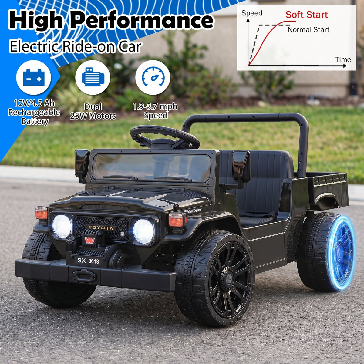 12V electric ride-on truck with dump bed and remote control, designed for kids, featuring realistic truck details and bright color.