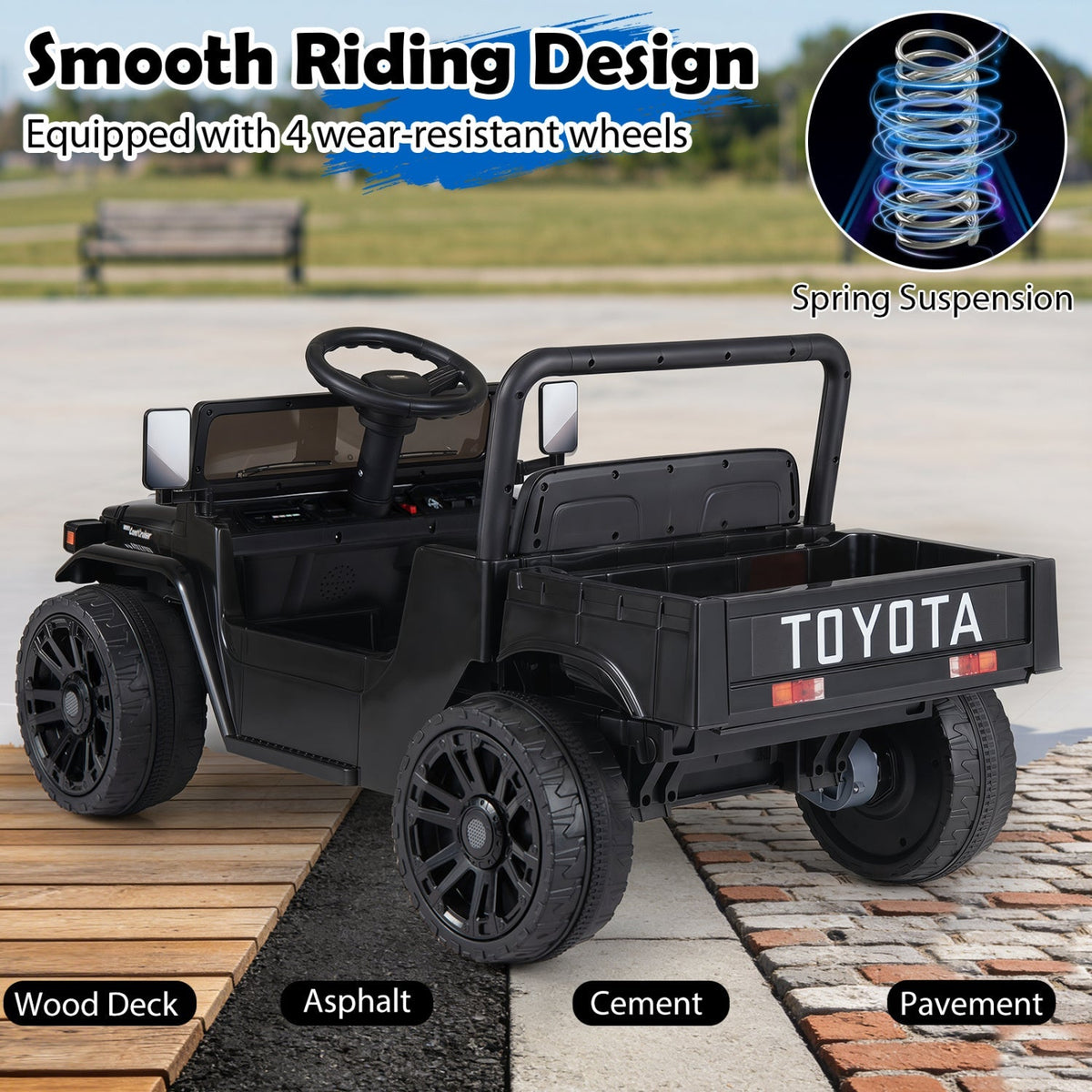 12V electric ride-on truck with dump bed and remote control, featuring realistic design and durable construction for children.