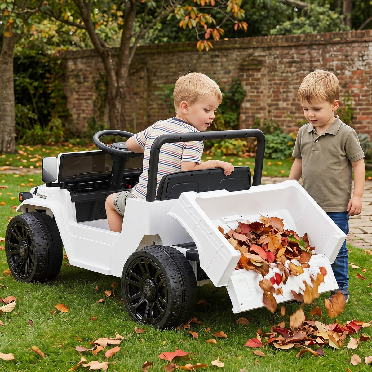 12V electric ride-on truck with dump bed and remote control, featuring realistic design and sturdy wheels for outdoor play.