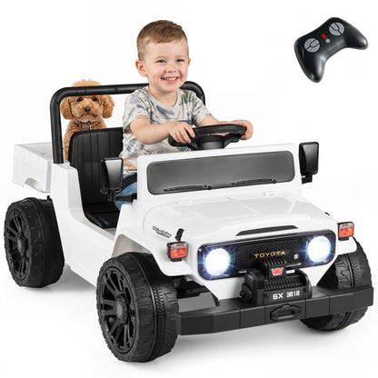 12V electric ride-on truck with dump bed and remote control, designed for children, featuring realistic truck details and durable construction.