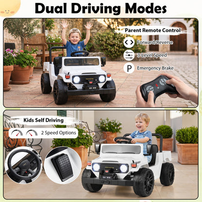12V electric ride-on truck with dump bed and remote control, designed for kids, in bright red with realistic truck features.