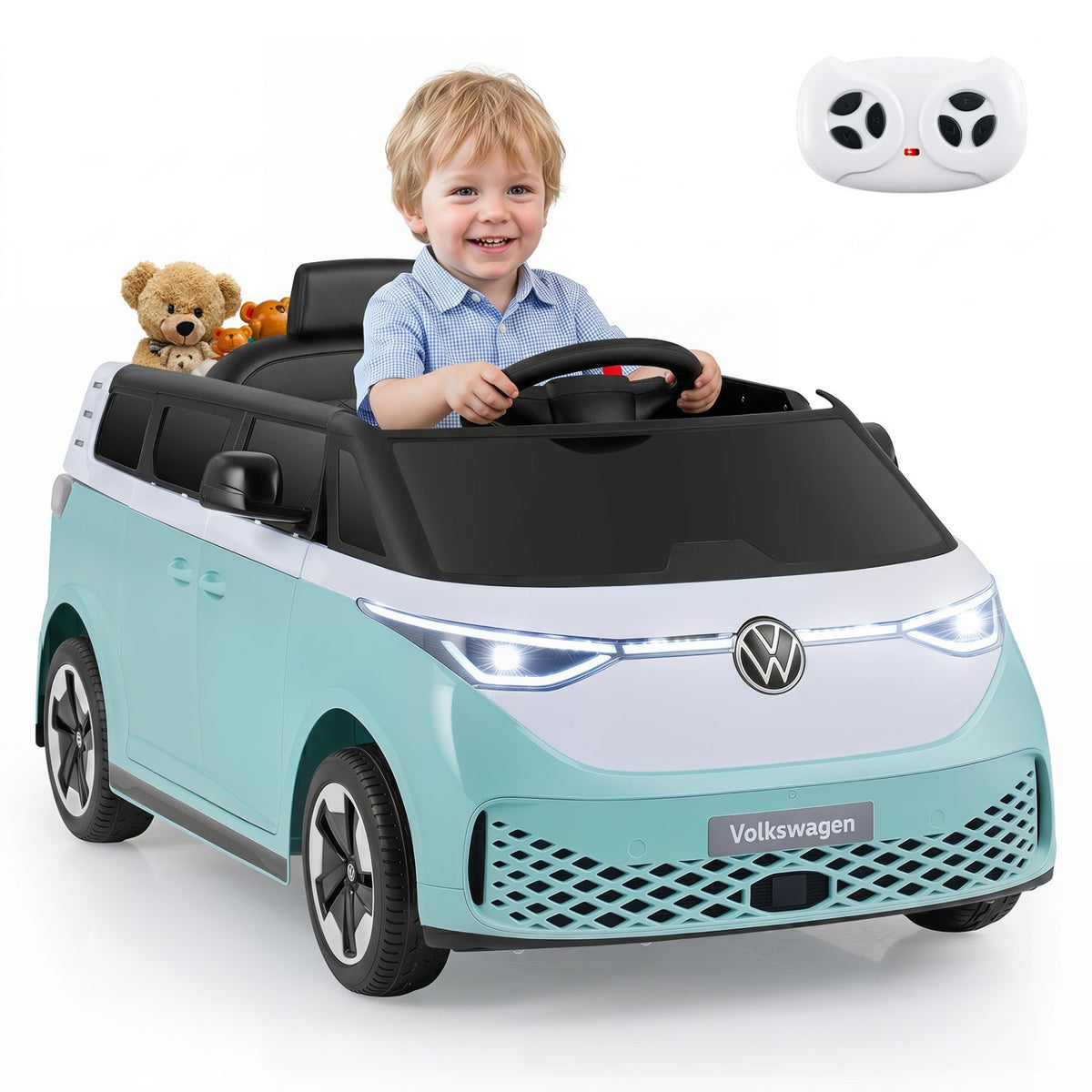 12V electric ride-on VW bus toy for kids with remote control and built-in music, featuring realistic design and vibrant colors.