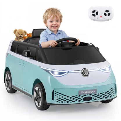12V electric ride-on VW bus toy for kids with remote control and built-in music, featuring realistic design and vibrant colors.