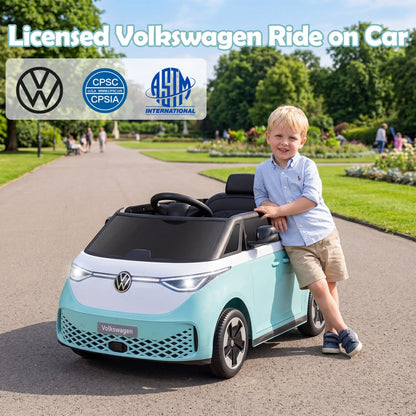 Kids riding a 12V electric VW bus toy with remote control and music, designed for children’s outdoor play and entertainment.