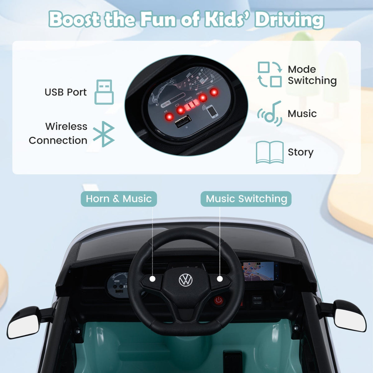 12V electric ride-on VW Bus toy for kids with remote control and music, branded GBruno Store, showing a colorful miniature vehicle.