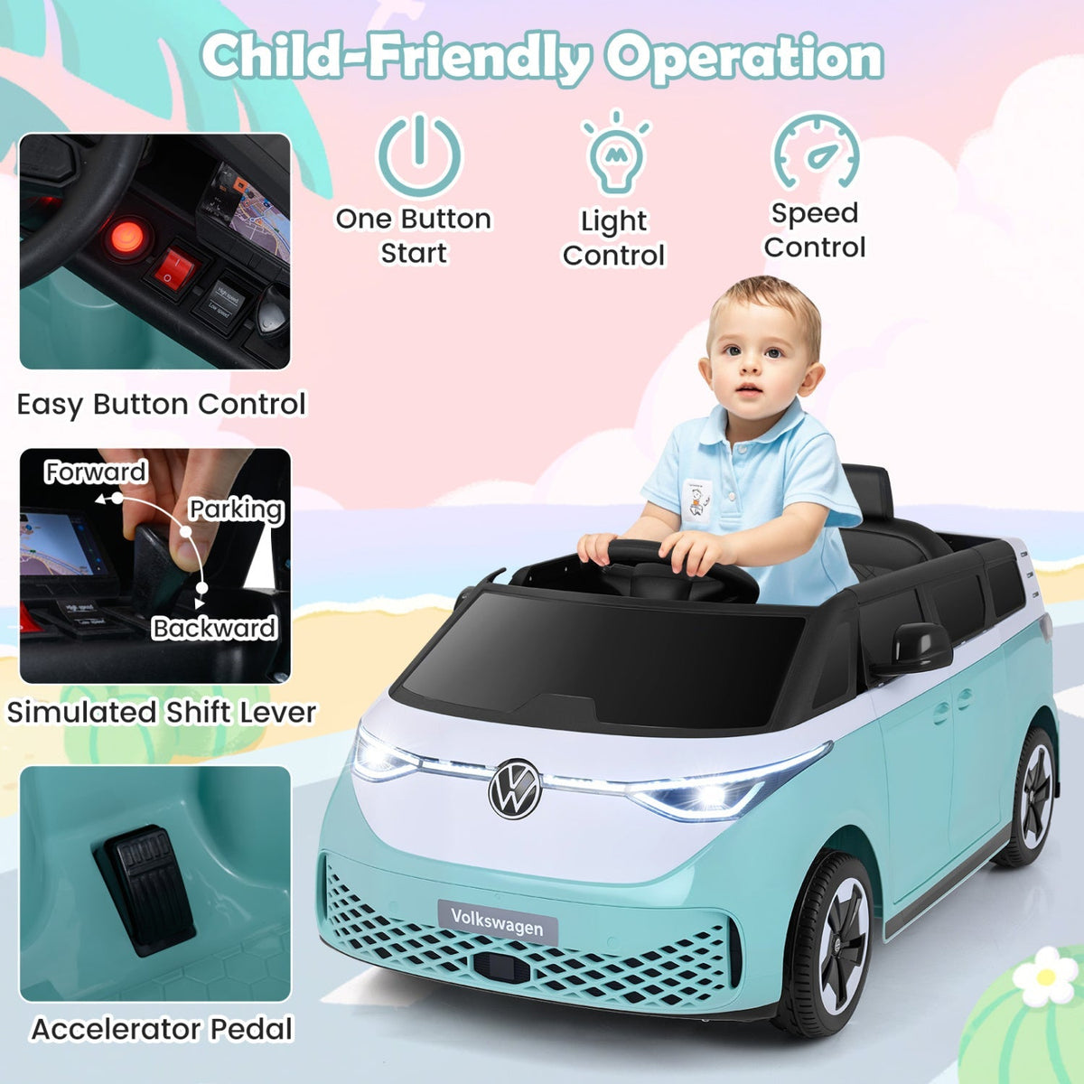 12V electric ride-on VW bus toy for kids, featuring remote control and music, with colorful design and realistic vehicle details.
