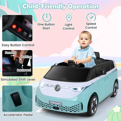 12V electric ride-on VW bus toy for kids, featuring remote control and music, with colorful design and realistic vehicle details.