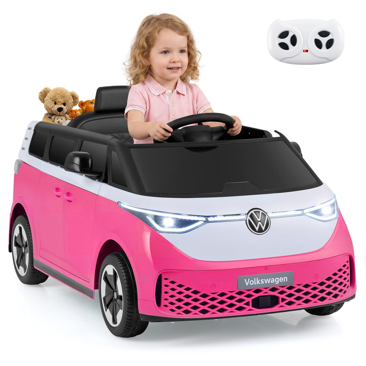 12V electric VW Bus ride-on toy for kids with remote control and music, featuring realistic design and colorful details.