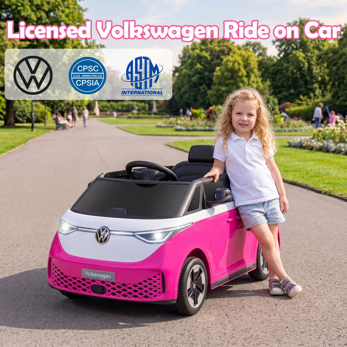 12V electric ride-on VW bus toy for kids with remote control and built-in music, designed by GBruno Store.
