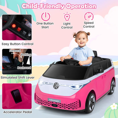 12V electric ride-on VW bus toy for kids with remote control and built-in music, featuring realistic design and colorful details.