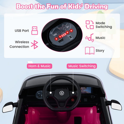 12V electric ride-on VW bus toy for kids with remote control and built-in music, featuring realistic design and vibrant colors.