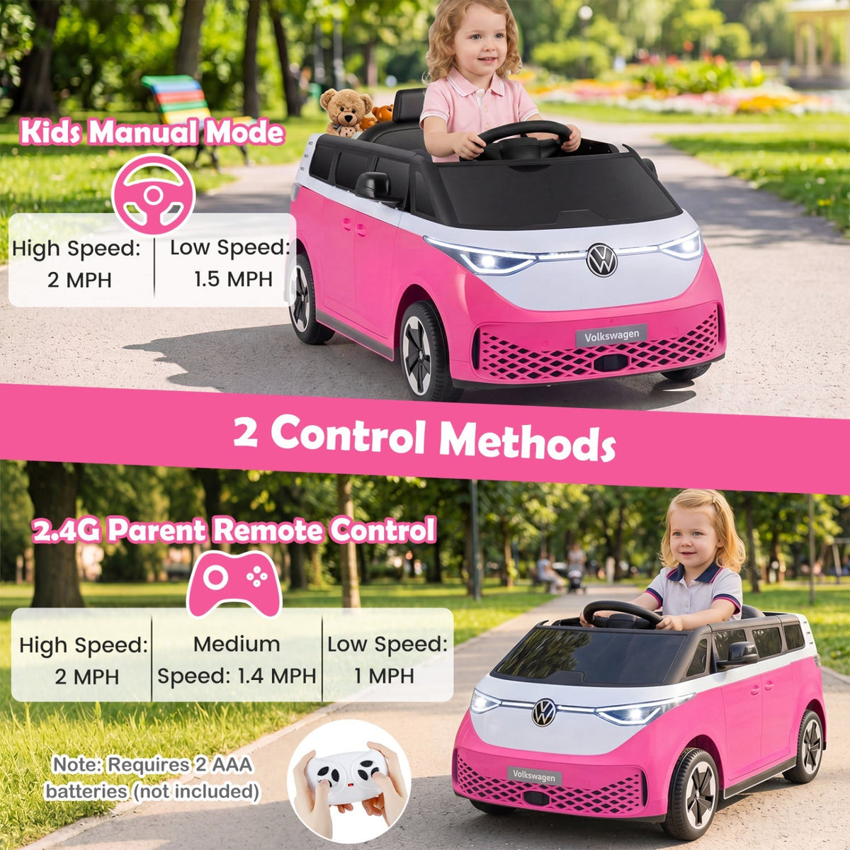 12V electric ride-on VW bus toy for kids by GBruno Store, featuring remote control and built-in music for children.