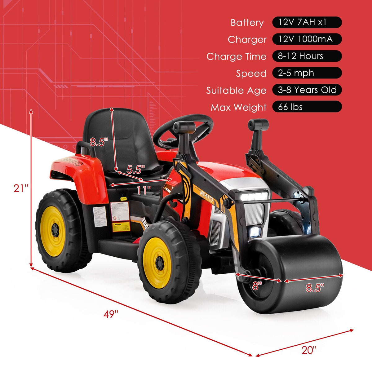 Red 12V Kids Ride-On Road Roller with remote control, featuring realistic design and durable construction for outdoor play.