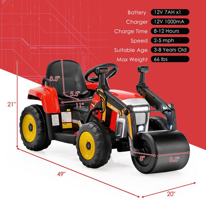 Red 12V Kids Ride-On Road Roller with remote control, featuring realistic design and durable construction for outdoor play.