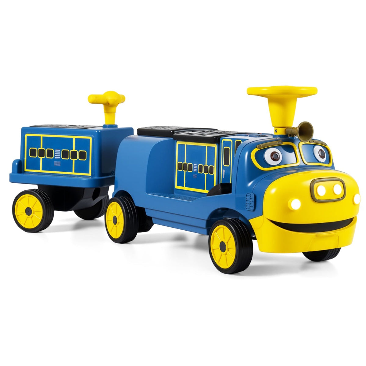 12V kids ride-on train by GBruno Store with 3-seater and detachable carriage, suitable for young children to enjoy outdoor play.