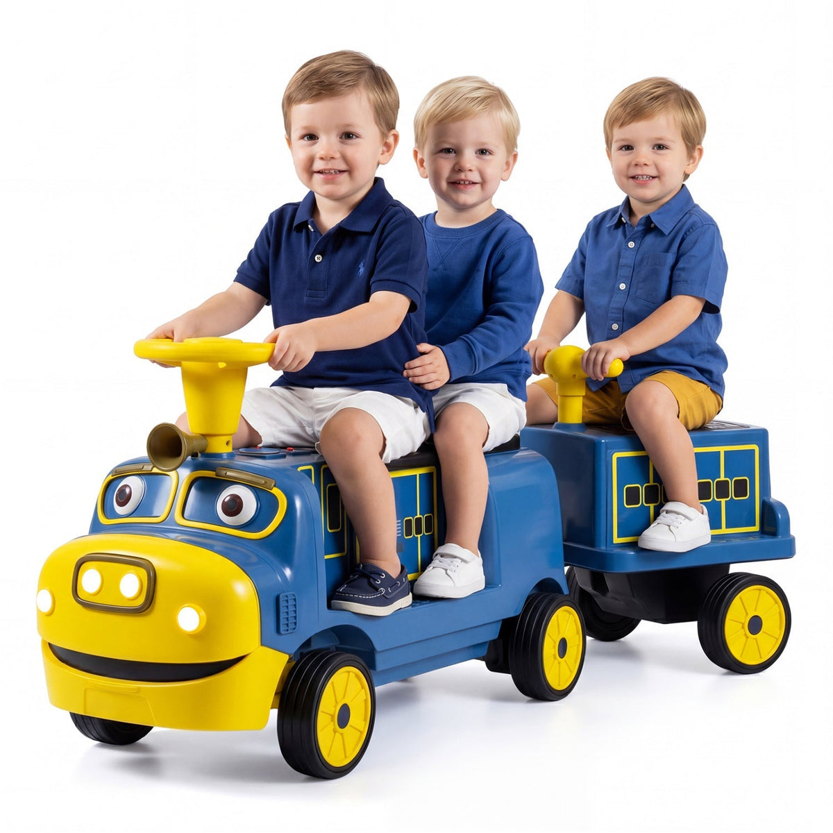 12V kids ride-on train with three seats and detachable carriage, GBruno Store toy for children to enjoy outdoor play.