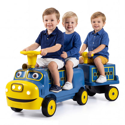 12V kids ride-on train with three seats and detachable carriage, GBruno Store toy for children to enjoy outdoor play.